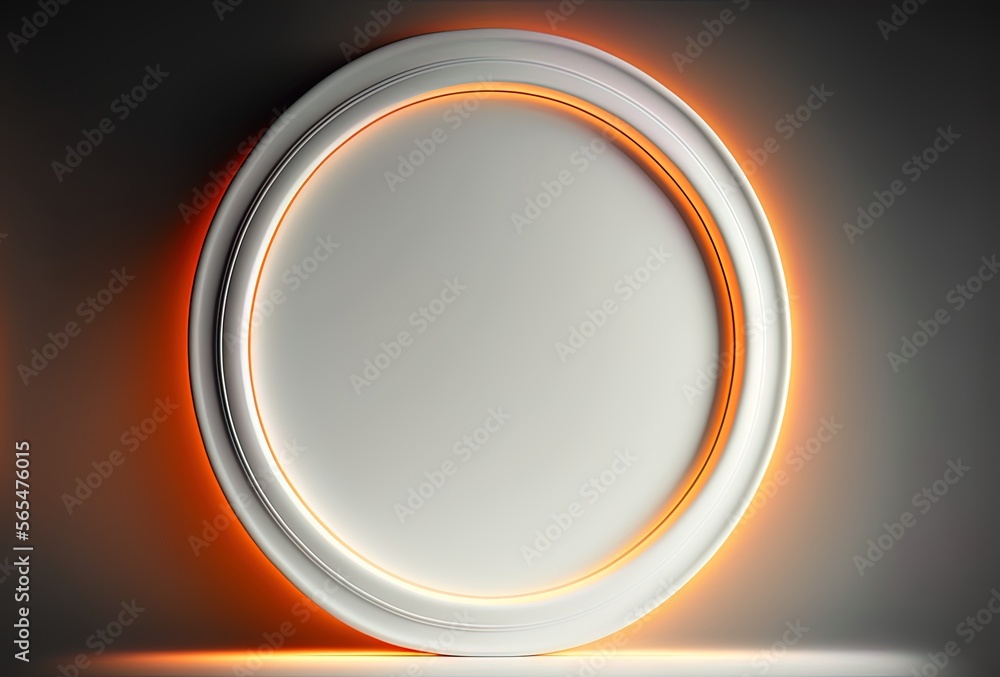 Poster the edge of the white surface is illuminated orange, and it has an embossed shape. neon circle has a