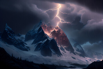 Gewitter mit einem Blitz und dramatischen Wolkenhimmel in den Bergen- Generative Ai - obrazy, fototapety, plakaty