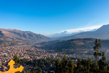 Aerial view of the town of Huaraz - Peru with mountains in the background.