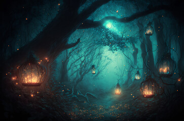 Fairy lantern forest scene at night with eerie fog