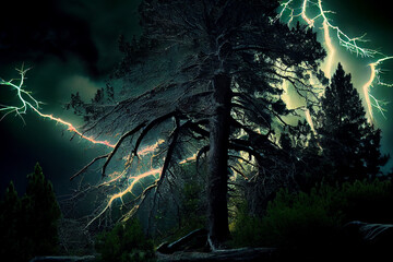 Gewitter mit einem Blitz und dramatischen Wolkenhimmel über einen Wald - Generative Ai