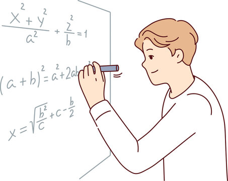 Man solves complex mathematical problems by completing tasks of university teacher. Vector image