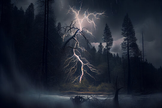 Gewitter mit einem Blitz und dramatischen Wolkenhimmel &uuml;ber einen Wald - Generative Ai