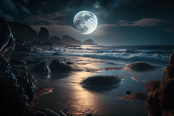 Hyperrealistic Moonlight Nights cape by the Ocean - Intricately Detailed Cinematic Scenic with Magical Iridescence and Photorealistic - A Complex Hyper-detailed Epic Masterpiece