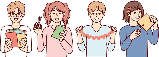 Happy boys and girls with scissors create applications from multi-colored paper. Vector image