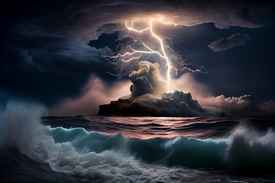 Gewitter mit einem Blitz und dramatischen Wolkenhimmel &uuml;ber dem Meer - Generative Ai