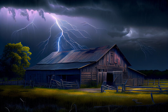 Gewitter mit einem Blitz und dramatischen Wolkenhimmel &uuml;ber einem Feld - Generative Ai