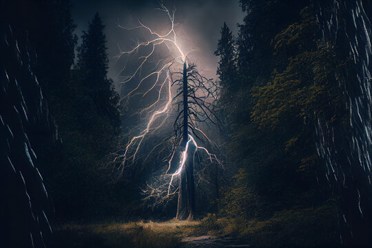 Gewitter mit einem Blitz und dramatischen Wolkenhimmel &uuml;ber einen Wald - Generative Ai
