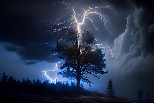 Gewitter mit einem Blitz und dramatischen Wolkenhimmel &uuml;ber einen Wald - Generative Ai