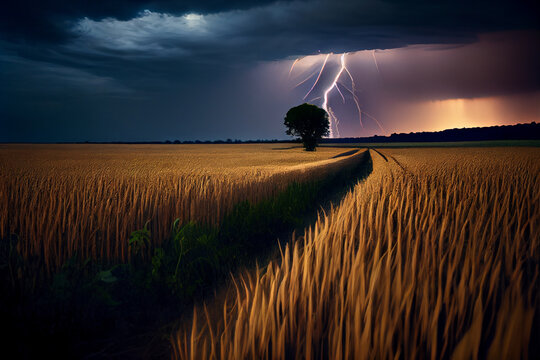 Gewitter mit einem Blitz und dramatischen Wolkenhimmel &uuml;ber einem Feld  - Generative Ai