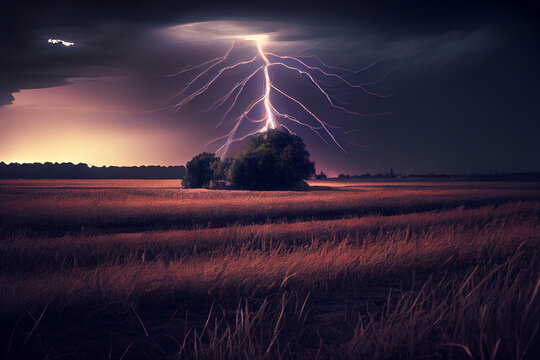 Gewitter mit einem Blitz und dramatischen Wolkenhimmel &uuml;ber einem Feld  - Generative Ai