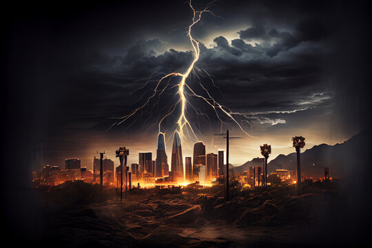 Gewitter mit einem Blitz und dramatischen Wolkenhimmel &uuml;ber eine Stadt - Generative Ai