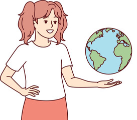 Teenage girl with globe studies geography and dreams of traveling of world. Vector image
