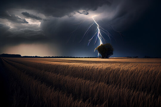 Gewitter mit einem Blitz und dramatischen Wolkenhimmel &uuml;ber einem Feld  - Generative Ai