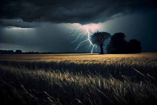 Gewitter mit einem Blitz und dramatischen Wolkenhimmel &uuml;ber einem Feld  - Generative Ai
