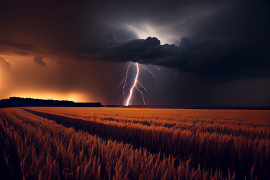 Gewitter mit einem Blitz und dramatischen Wolkenhimmel &uuml;ber einem Feld  - Generative Ai