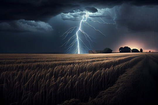 Gewitter mit einem Blitz und dramatischen Wolkenhimmel über einem Feld  - Generative Ai