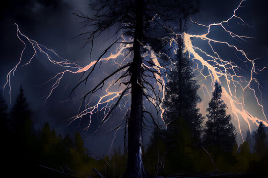 Gewitter mit einem Blitz und dramatischen Wolkenhimmel &uuml;ber einen Wald - Generative Ai