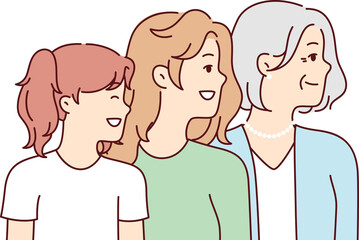 Women of different ages look in same direction with smile for feminism concept. Vector image