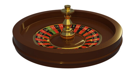 Casino roulette wheel in wooden and golden style with white ball in number 7 isolated on transparent background. Casino concept. 3D render