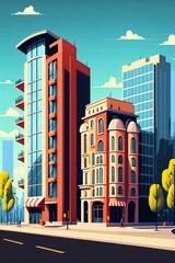 cartoon illustration, facades of buildings and houses in the city, generative AI