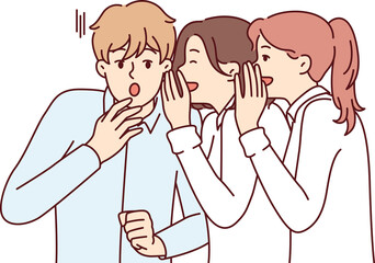 Young man is shocked by secret about colleagues or friends told by two girls. Vector image