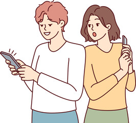 Curious woman looking at boyfriend phone spying on social media correspondence. Vector image