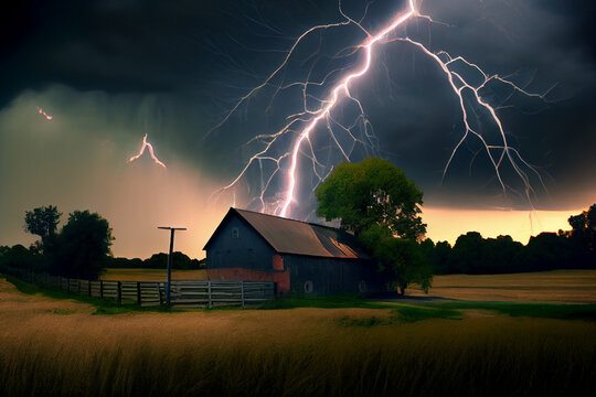 Gewitter mit einem Blitz und dramatischen Wolkenhimmel &uuml;ber einem Feld  - Generative Ai