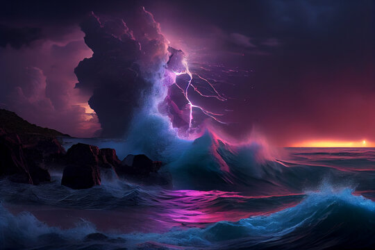 Gewitter mit einem Blitz und dramatischen Wolkenhimmel über dem Meer - Generative Ai