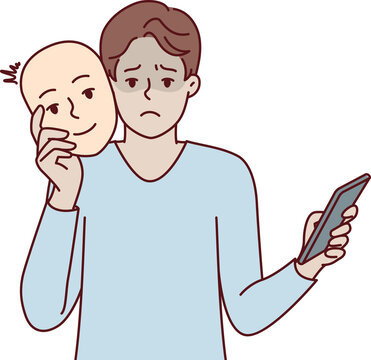 Unhappy man with phone uses mask to pretend to be positive human during online dating. Vector image