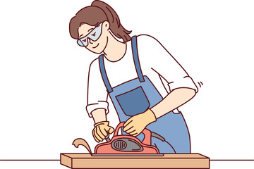 Woman furniture maker uses jointer to process wooden planks needed to create furniture. Vector image