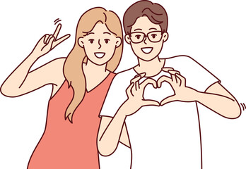 Friendly young man and woman stand in embrace and smiling looking at camera. Vector image