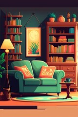 illustration cartoon, living room, generative AI