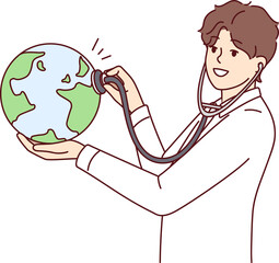 Man doctor applies stethoscope to globe demonstrating care for ecology and nature. Vector image