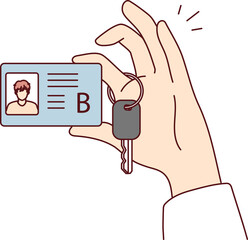 Category B car license with photo and truck ignition key in persons hand. Vector image