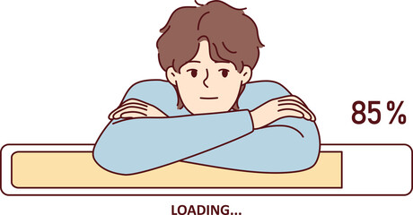Bored man leaning on progress line loading waiting to download movie from internet. Vector image