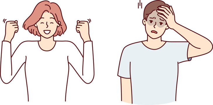 Cheerful woman makes victorious wave of hands and unhappy man clutching head. Vector image