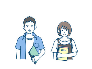 笑顔、笑う大学生の男女のイラスト