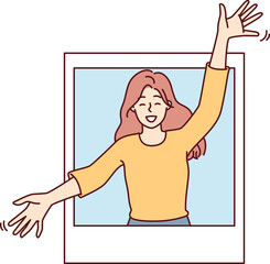 Delighted woman peeks out of photo with arms apart to hug you and give you good mood. Vector image
