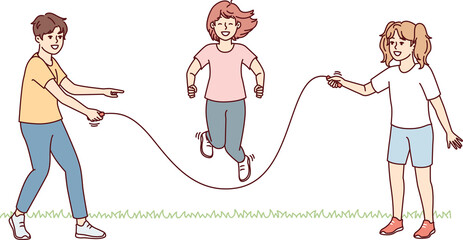 Children stand on lawn jumping rope relaxing during summer vacation or day off. Vector image