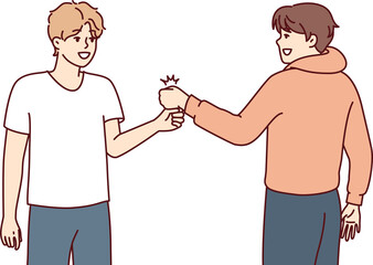 Guys bump their fists when meet, making greeting for members of student fraternity. Vector image