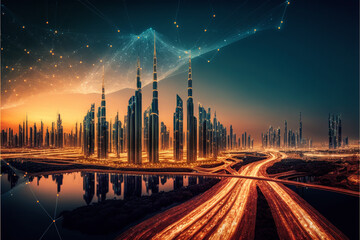 Obraz premium Futuristic abstract city a hub of technology and progress. Metaverse cyber concept idea. Innovation and advancement. Ai generated