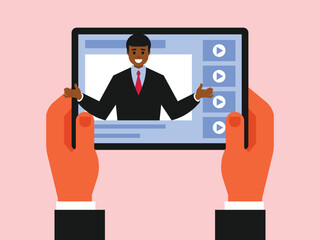 Webinar online. Hands are holding a tablet. The webinar video is playing on the tablet. The teacher conducts an online lesson. Vector graphics