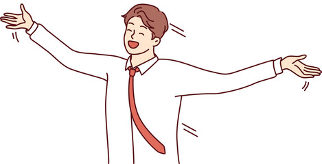 Delighted man in shirt and tie waving arms to sides and shouting with happiness. Vector image