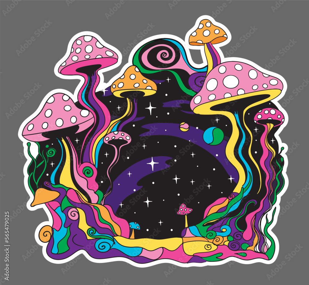 Wall mural Psychedelic hippie mushrooms sticker. 70s cartoon retro style