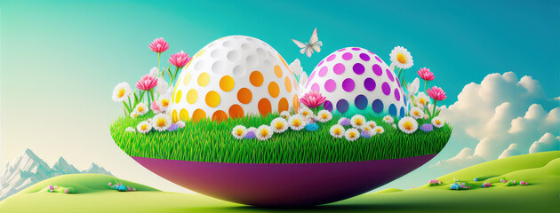 Golf ball lying in the meadow with flowers in spring. Easter greeting card. Generative AI