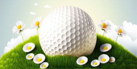 Naklejka premium Golf ball lying in the meadow with flowers in spring. Easter greeting card. Generative AI
