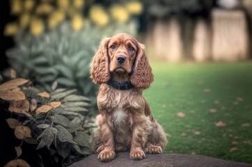 Obraz premium Brauner Cocker Spaniel sitzt im Garten in Pose. Portrait mit unscharfen Hintergrund - KI generiert