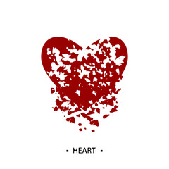 Broken red heart into small pieces. Vector illustration.