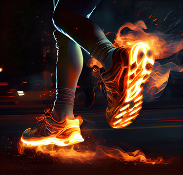 Burning sport shoes of jogger legs. Running trainers on fire flames under sole in night street. Generative AI